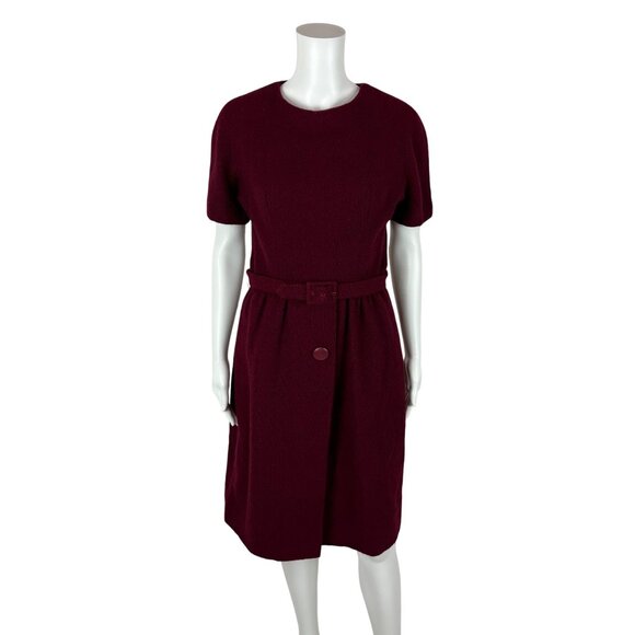 Vintage 60s Wool Dress Women's Medium Cranberry Short Sleeve Mod Sheath - Picture 2 of 11